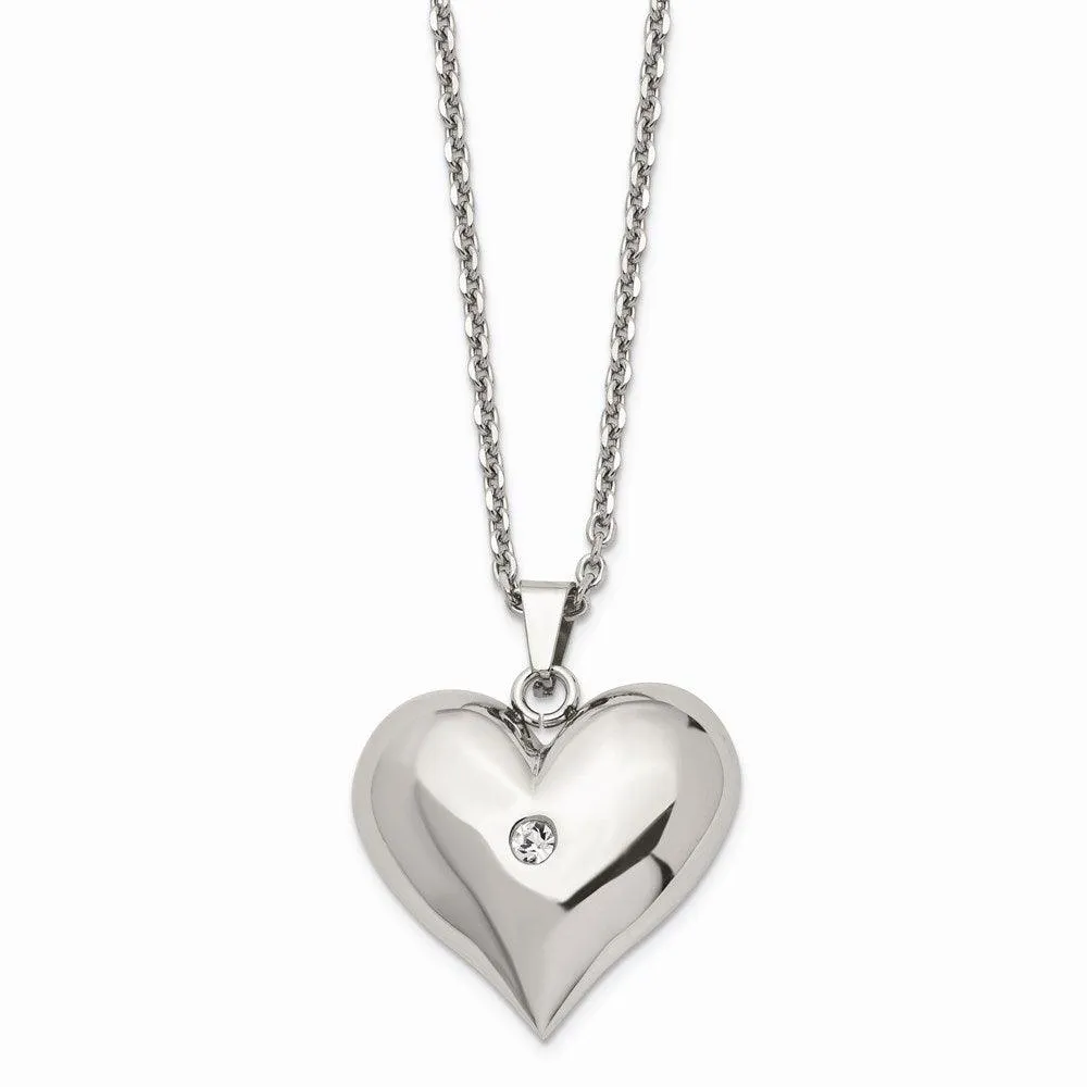 Stainless Steel Polished w/ Crystal Heart Necklace