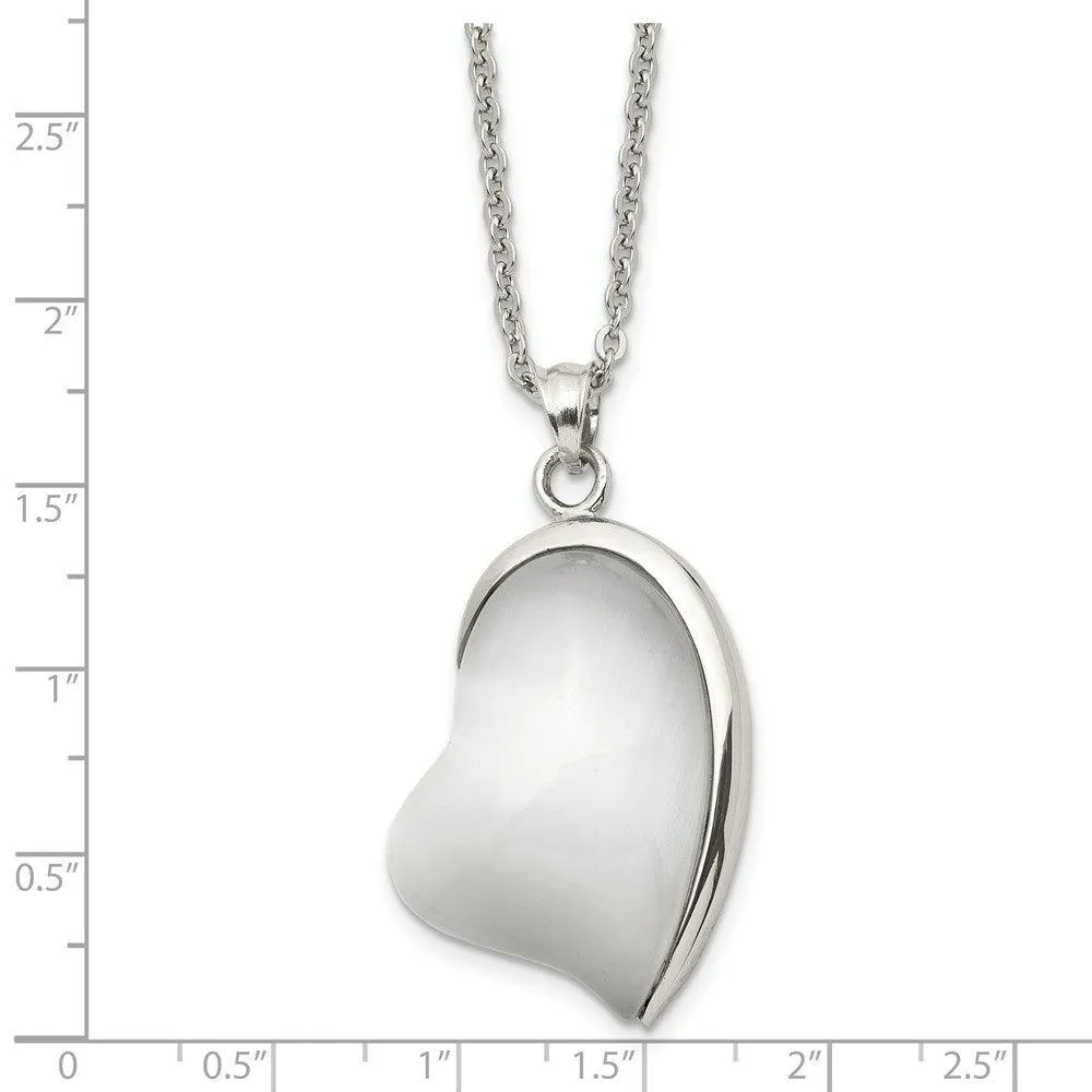 Stainless Steel Polished White Cat's Eye Heart Necklace