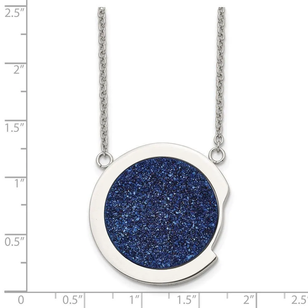 Stainless Steel Polished with Blue Druzy Stone Necklace