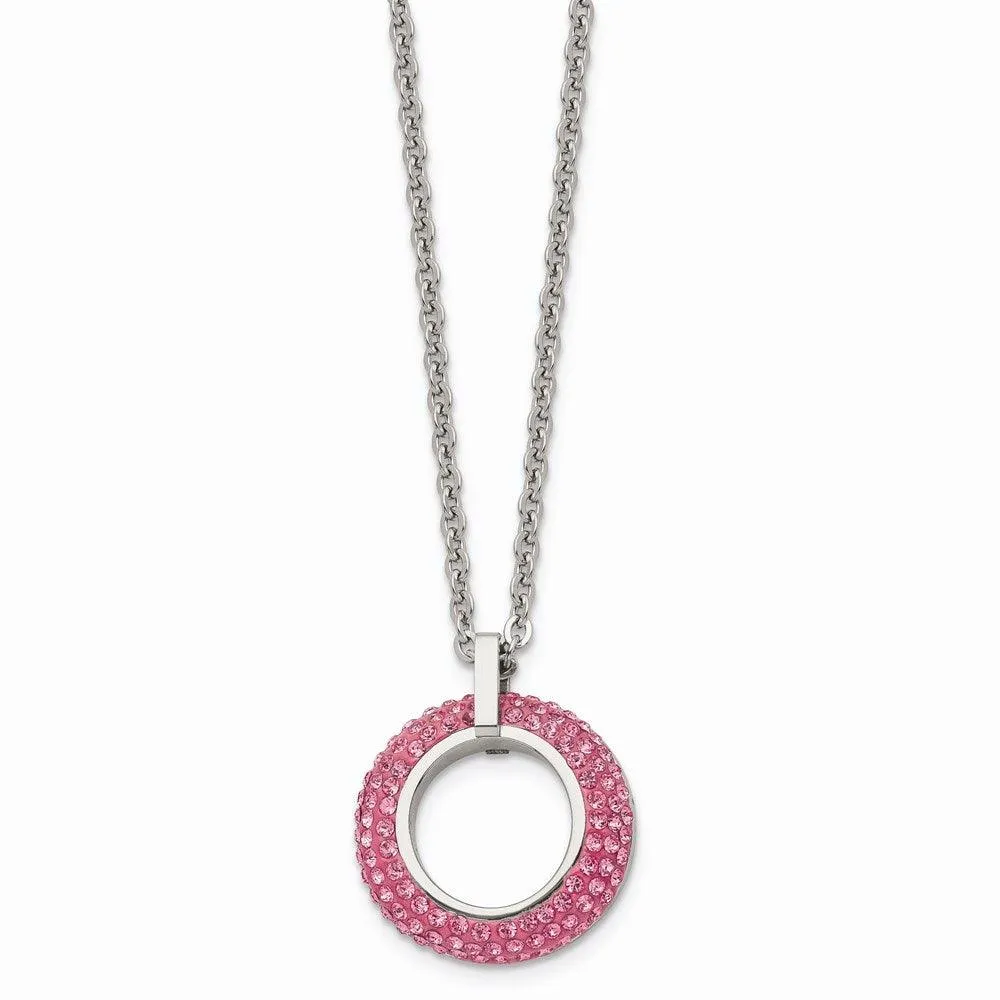 Stainless Steel Polished with Pink Crystal Circle Necklace