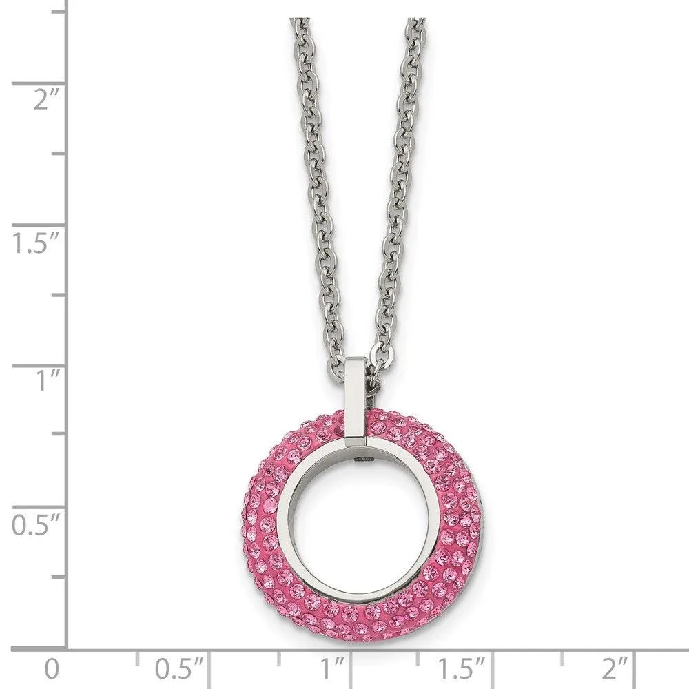 Stainless Steel Polished with Pink Crystal Circle Necklace