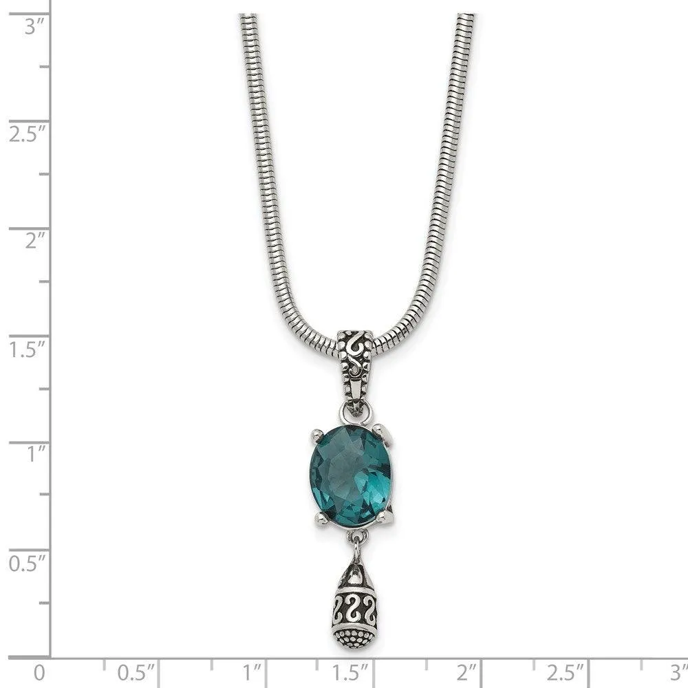 Stainless Steel Polished/Antiqued Blue Glass w/2 in ext. Necklace