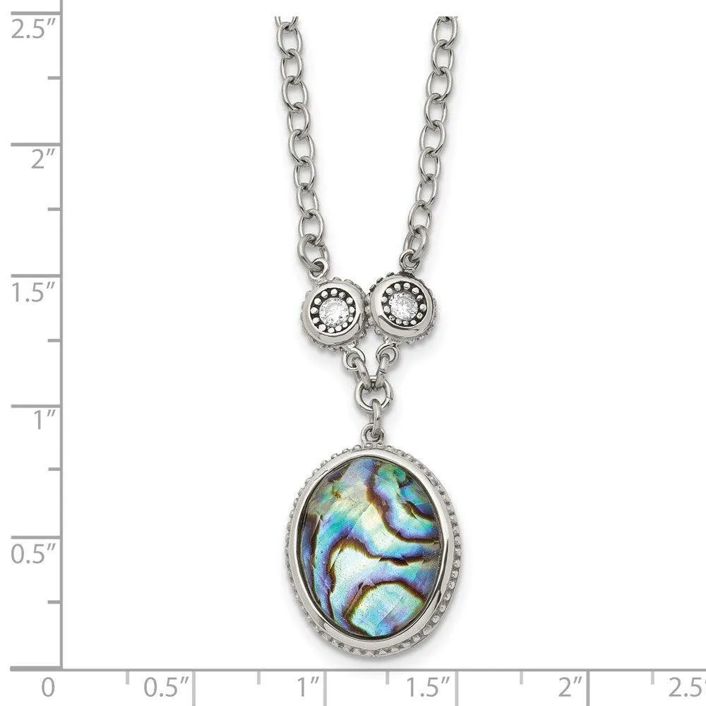 Stainless Steel Polished/Antiqued Imitation Abalone/CZw/1.5in ext. Necklac