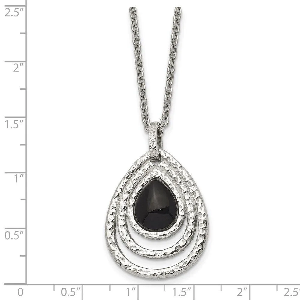 Stainless Steel Polished/Textured Black Onyx w/2in ext. Necklace