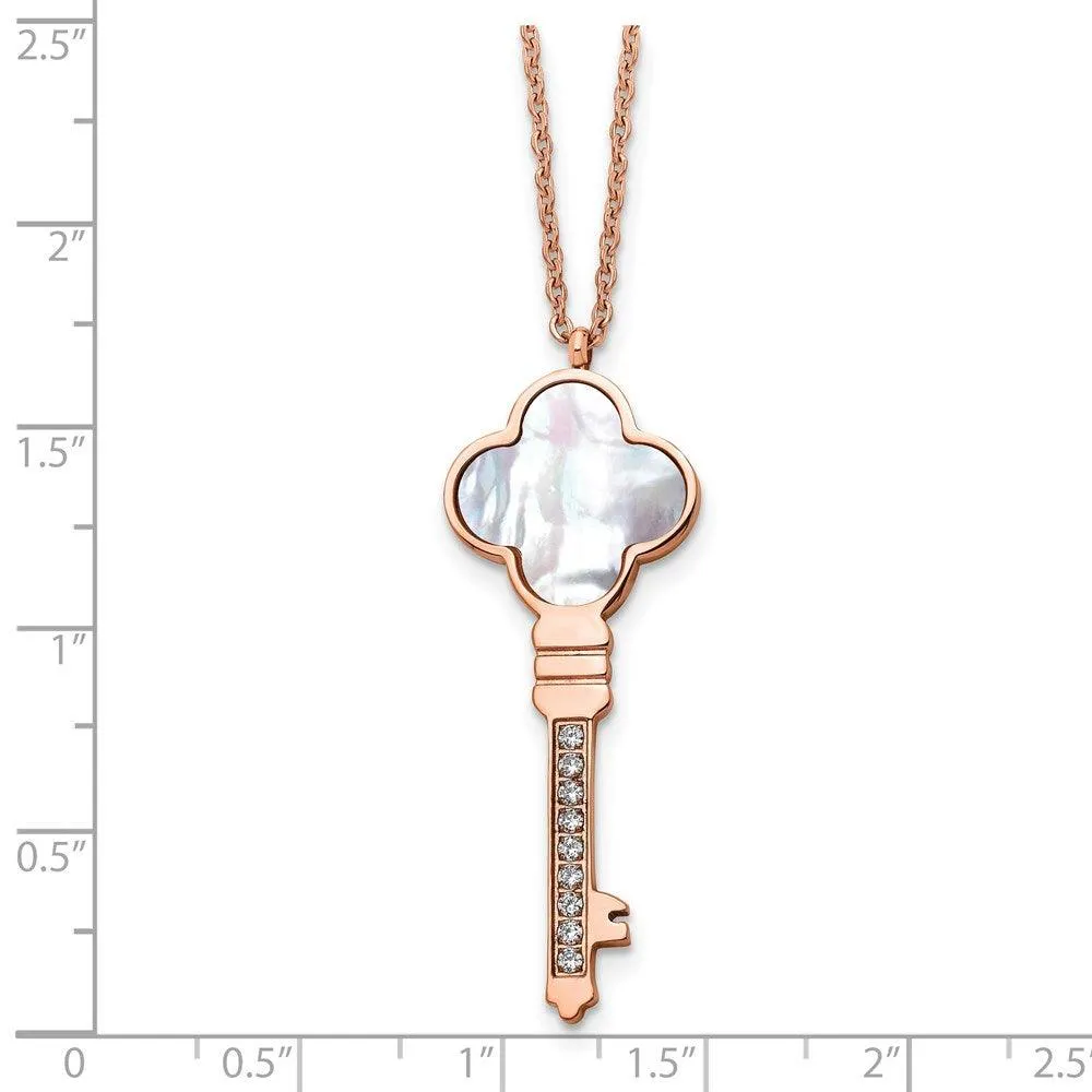 Stainless Steel Rose IP-plated CZ & MOP Key w/ 2in ext Necklace