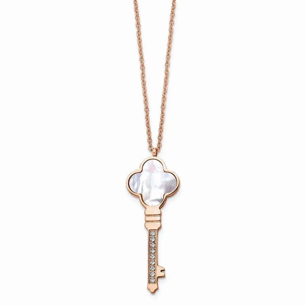 Stainless Steel Rose IP-plated CZ & MOP Key w/ 2in ext Necklace