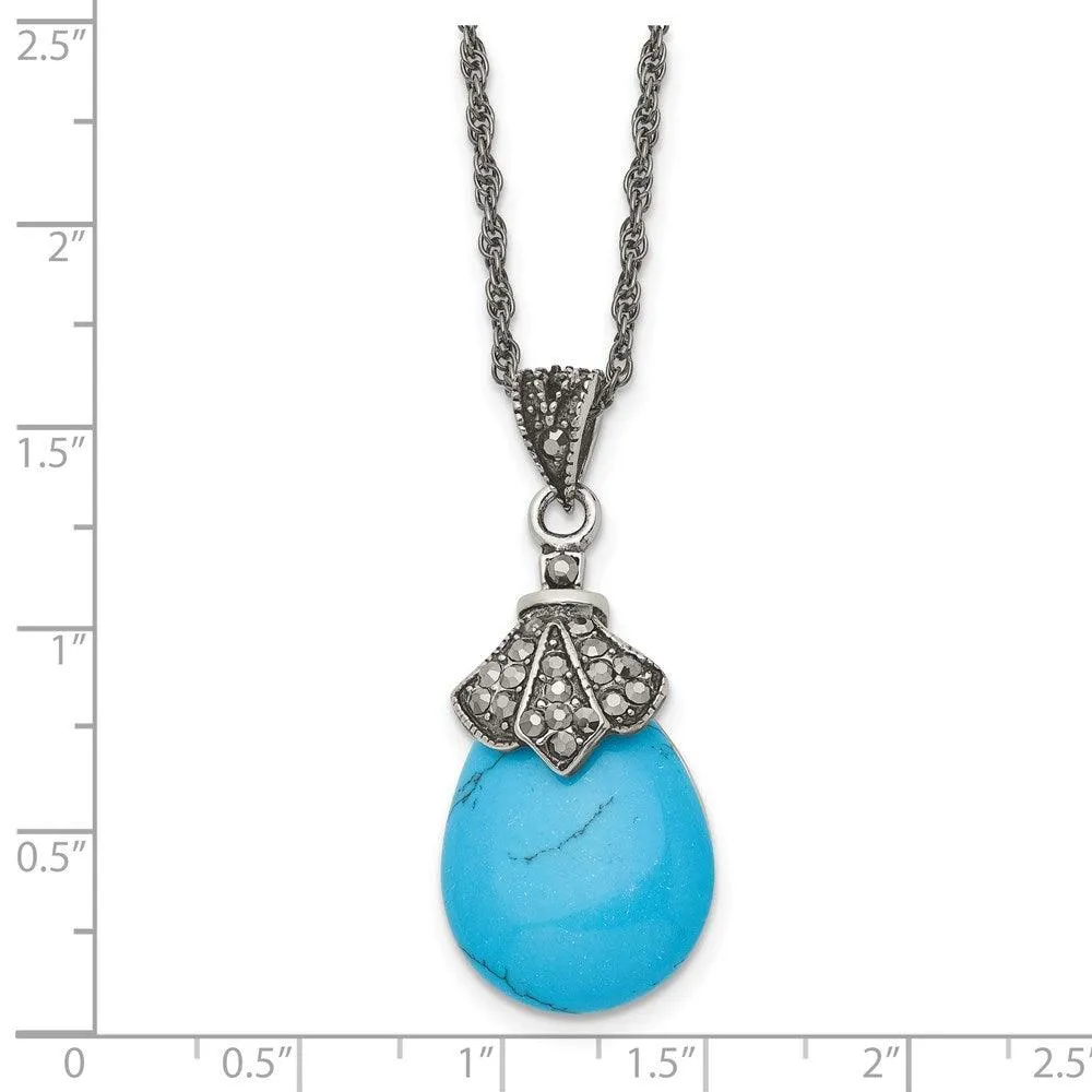 Stainless Steel Simulated Turquoise/Marcasite Antiqued Necklace