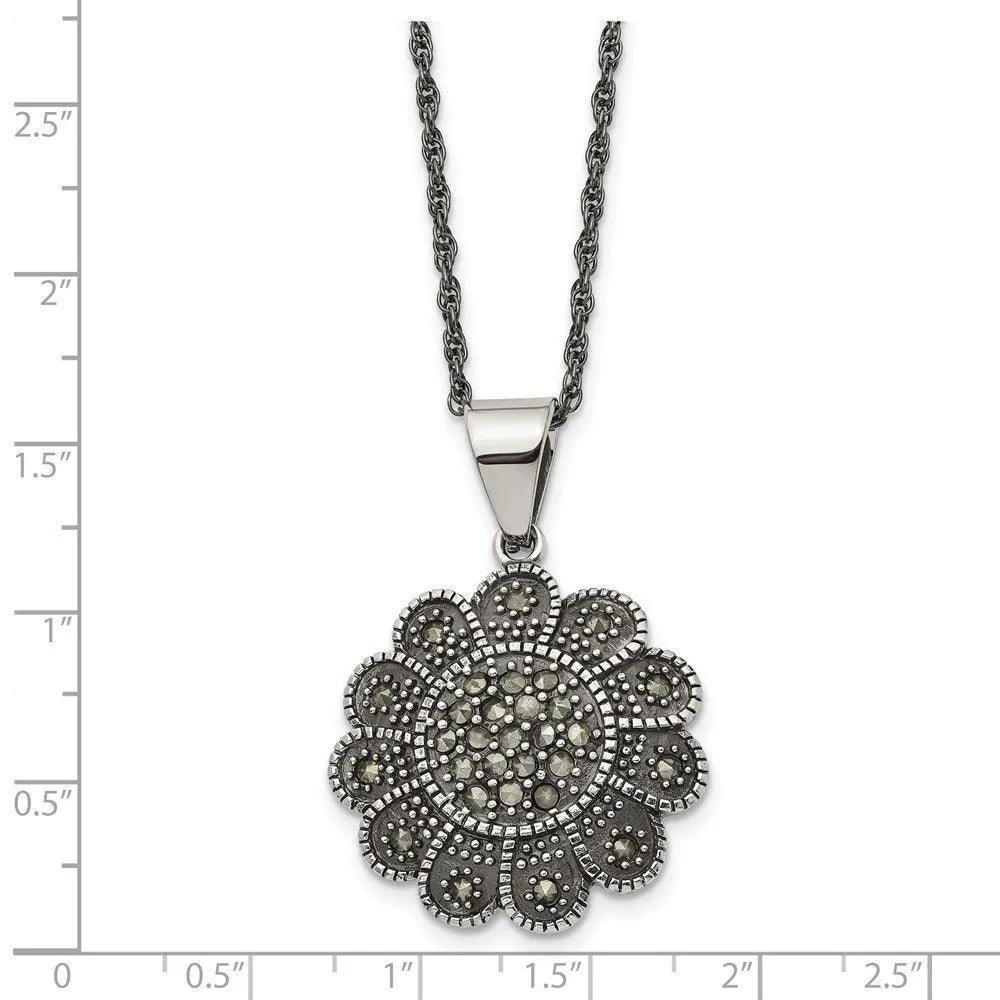 Stainless Steel Textured Flower Marcasite Necklace