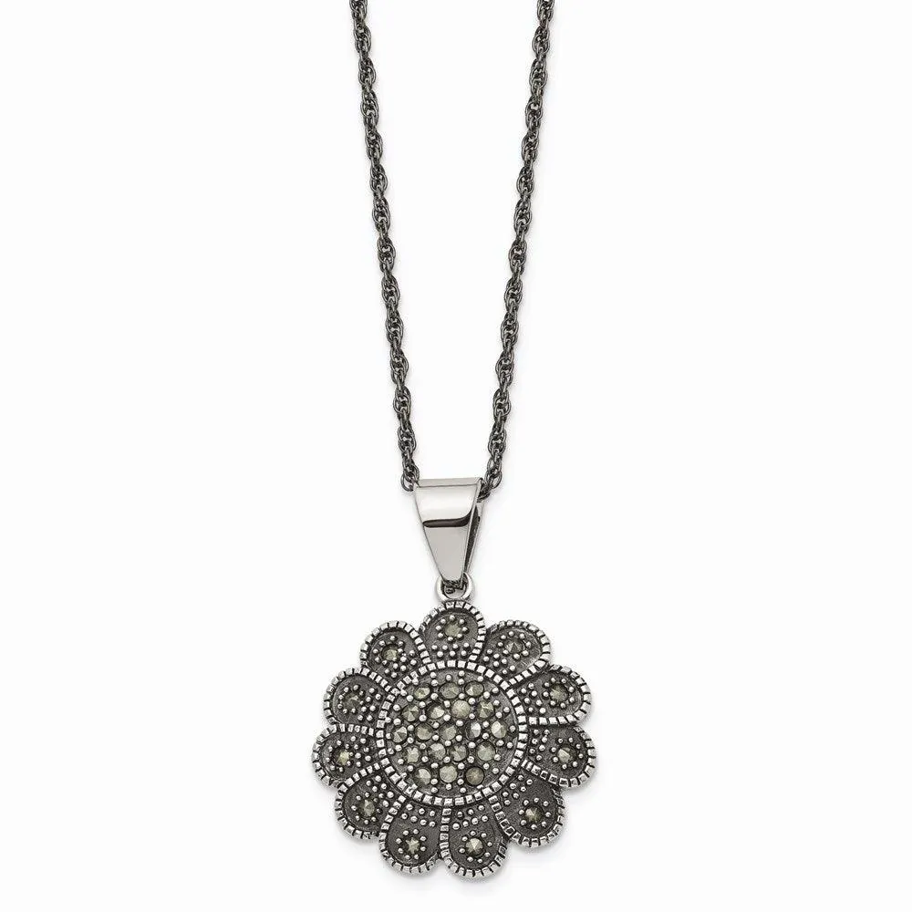 Stainless Steel Textured Flower Marcasite Necklace