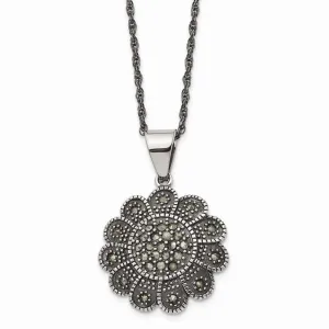 Stainless Steel Textured Flower Marcasite Necklace