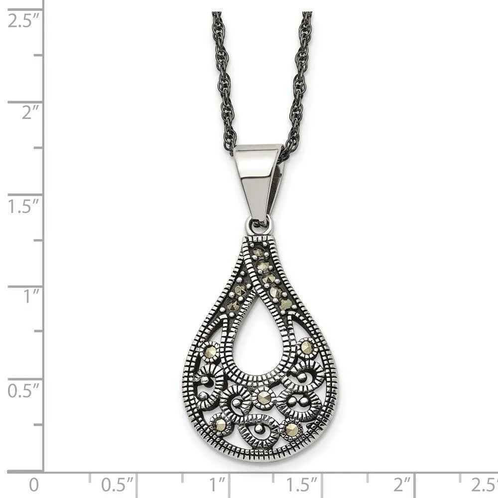 Stainless Steel Textured Teardrop Marcasite Necklace