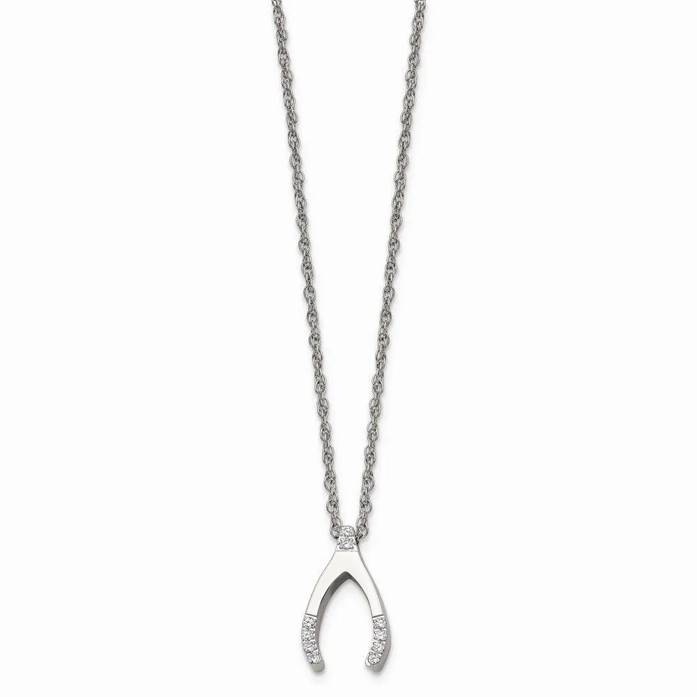 Stainless Steel w/ CZ Wishbone Necklace