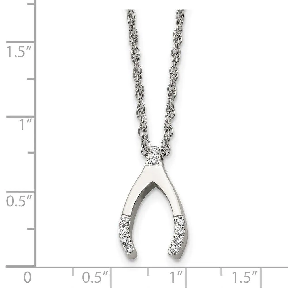 Stainless Steel w/ CZ Wishbone Necklace