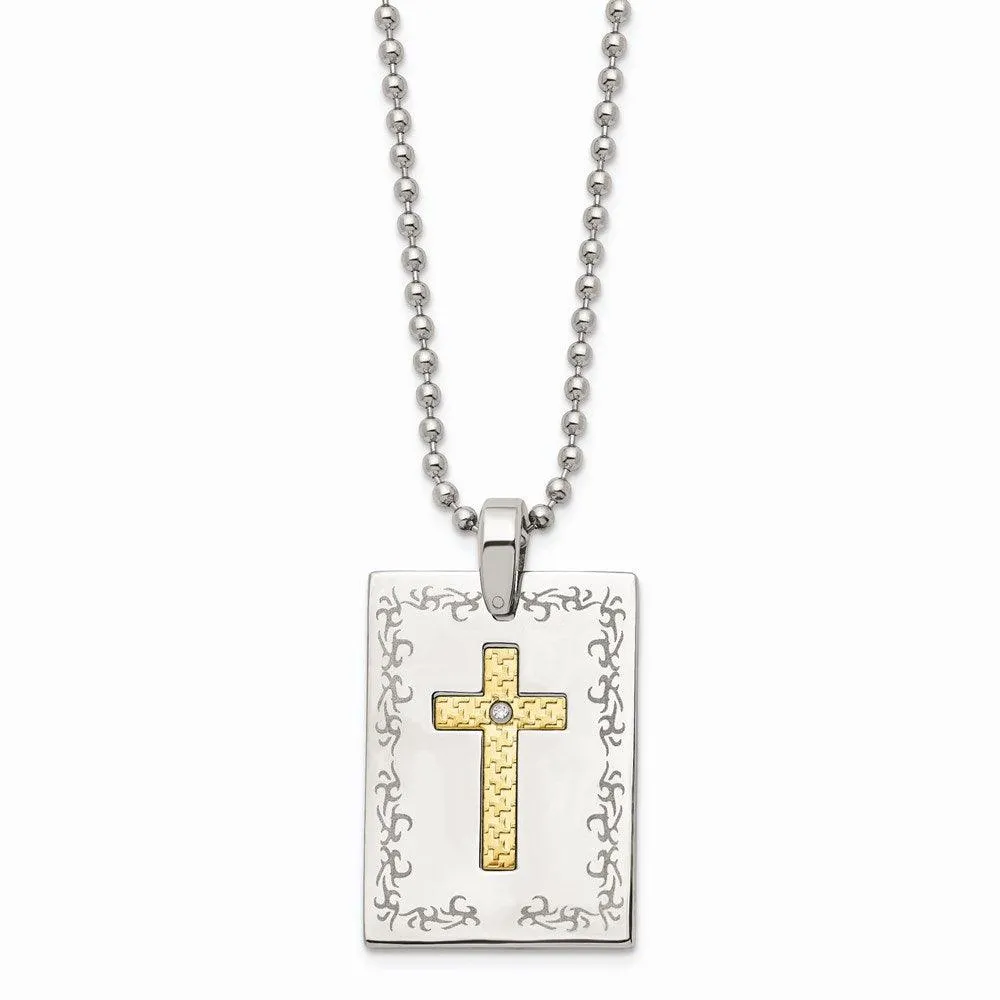 Stainless Steel w/18k Polished Laser Etched Square Cross Diamond Necklace