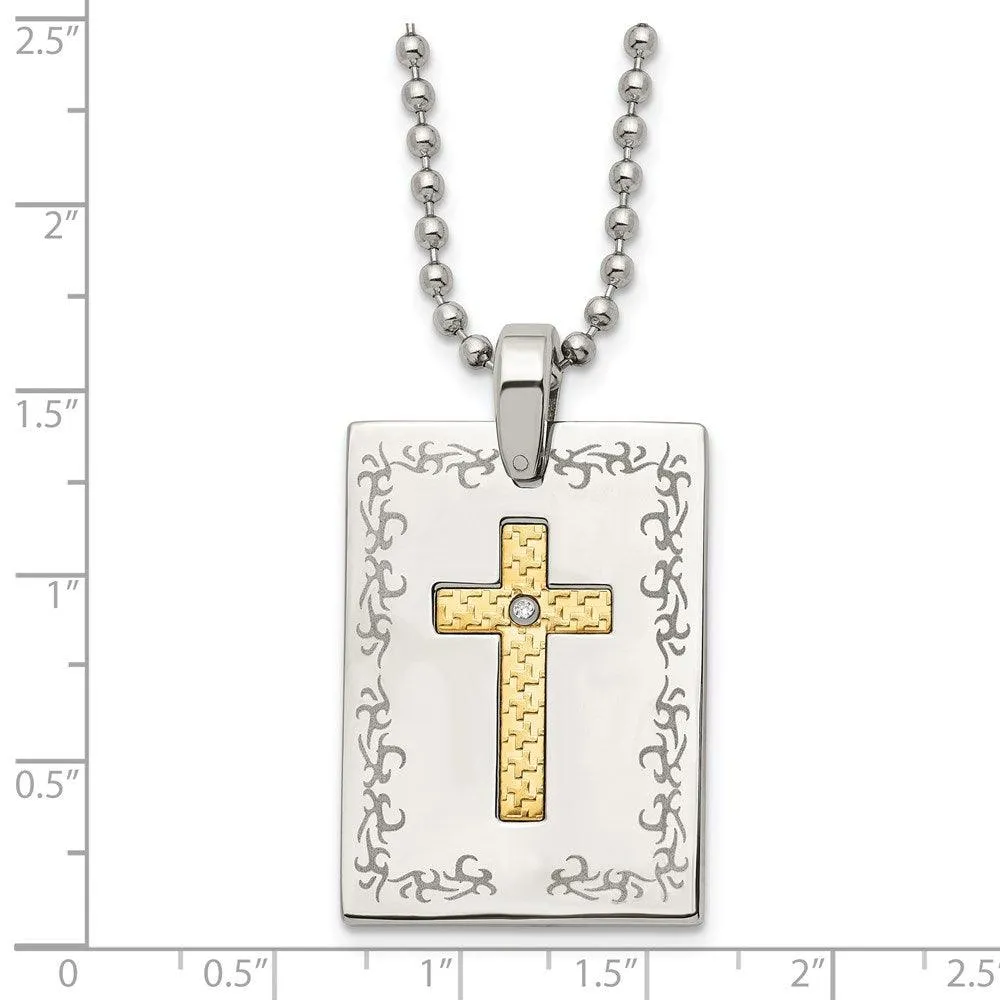 Stainless Steel w/18k Polished Laser Etched Square Cross Diamond Necklace