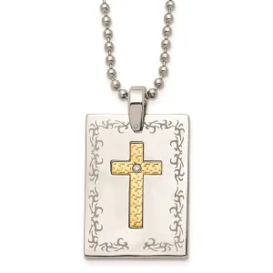 Stainless Steel w/18k Polished Laser Etched Square Cross Diamond Necklace