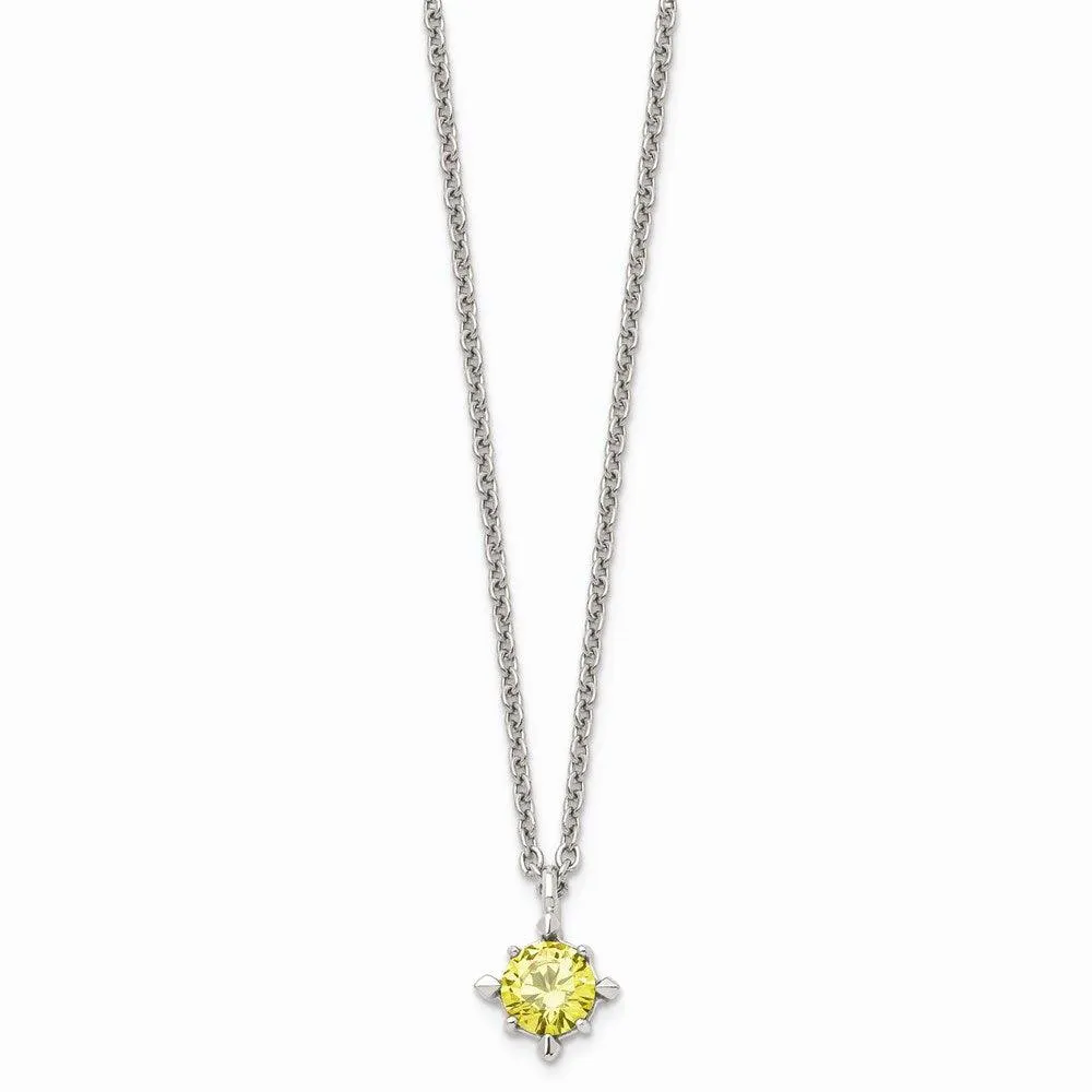 Stainless Steel Yellow CZ Pendant 18in Necklace