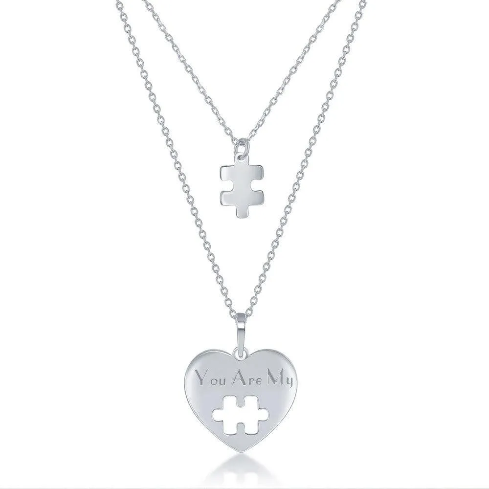 Sterling Silver 2PC; Puzzle Piece Necklace Set - 16 2 Inch You Are My Heart; 14 2 Puzzle Piece