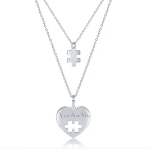 Sterling Silver 2PC; Puzzle Piece Necklace Set - 16 2 Inch You Are My Heart; 14 2 Puzzle Piece