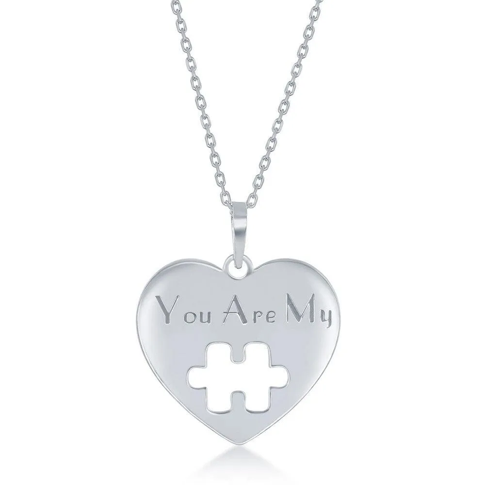 Sterling Silver 2PC; Puzzle Piece Necklace Set - 16 2 Inch You Are My Heart; 14 2 Puzzle Piece