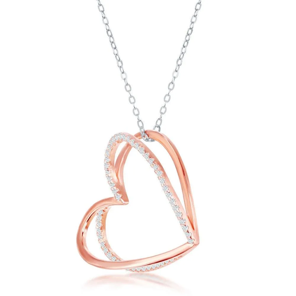 Sterling Silver 3D Heart with Half Micro Pave CZ Necklace