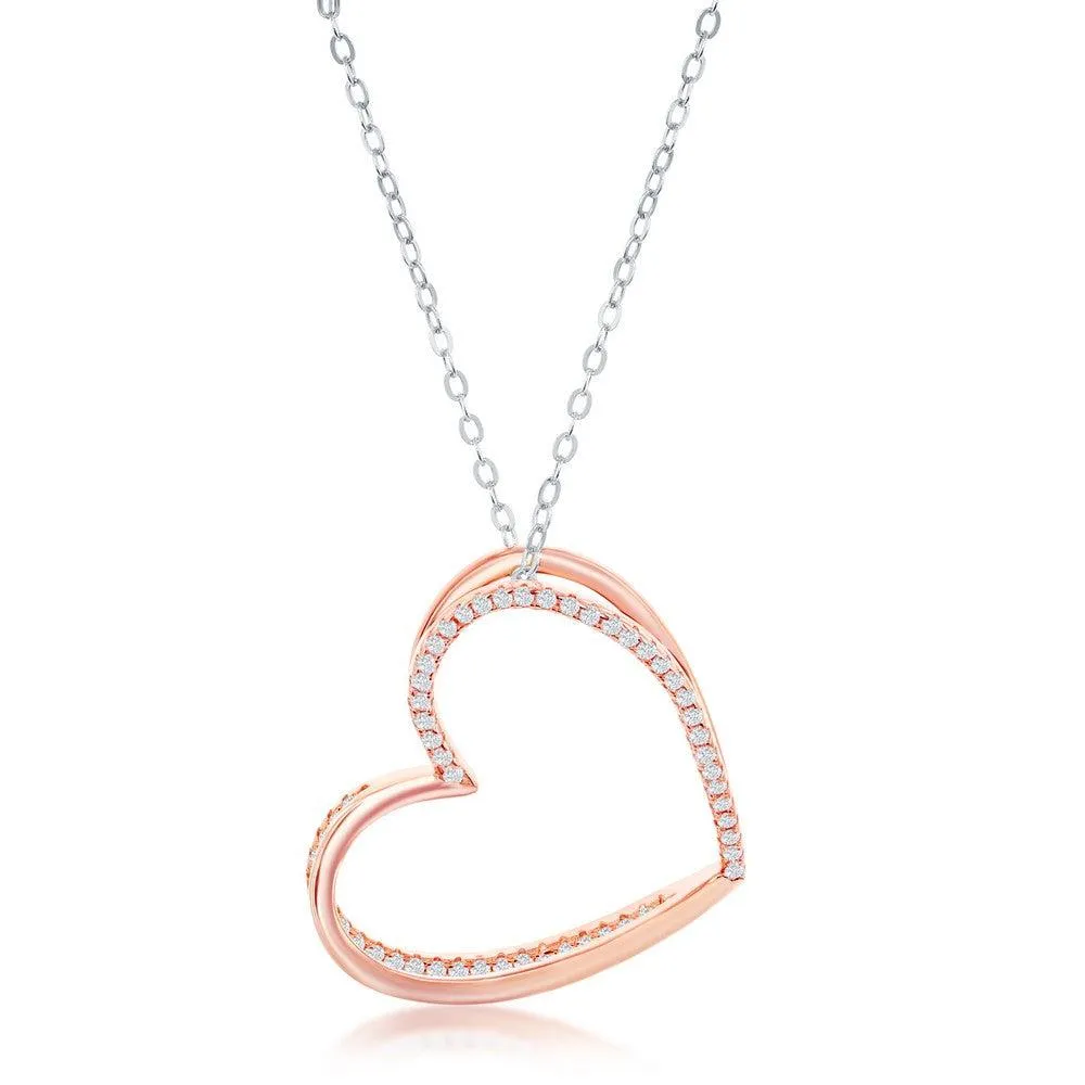 Sterling Silver 3D Heart with Half Micro Pave CZ Necklace
