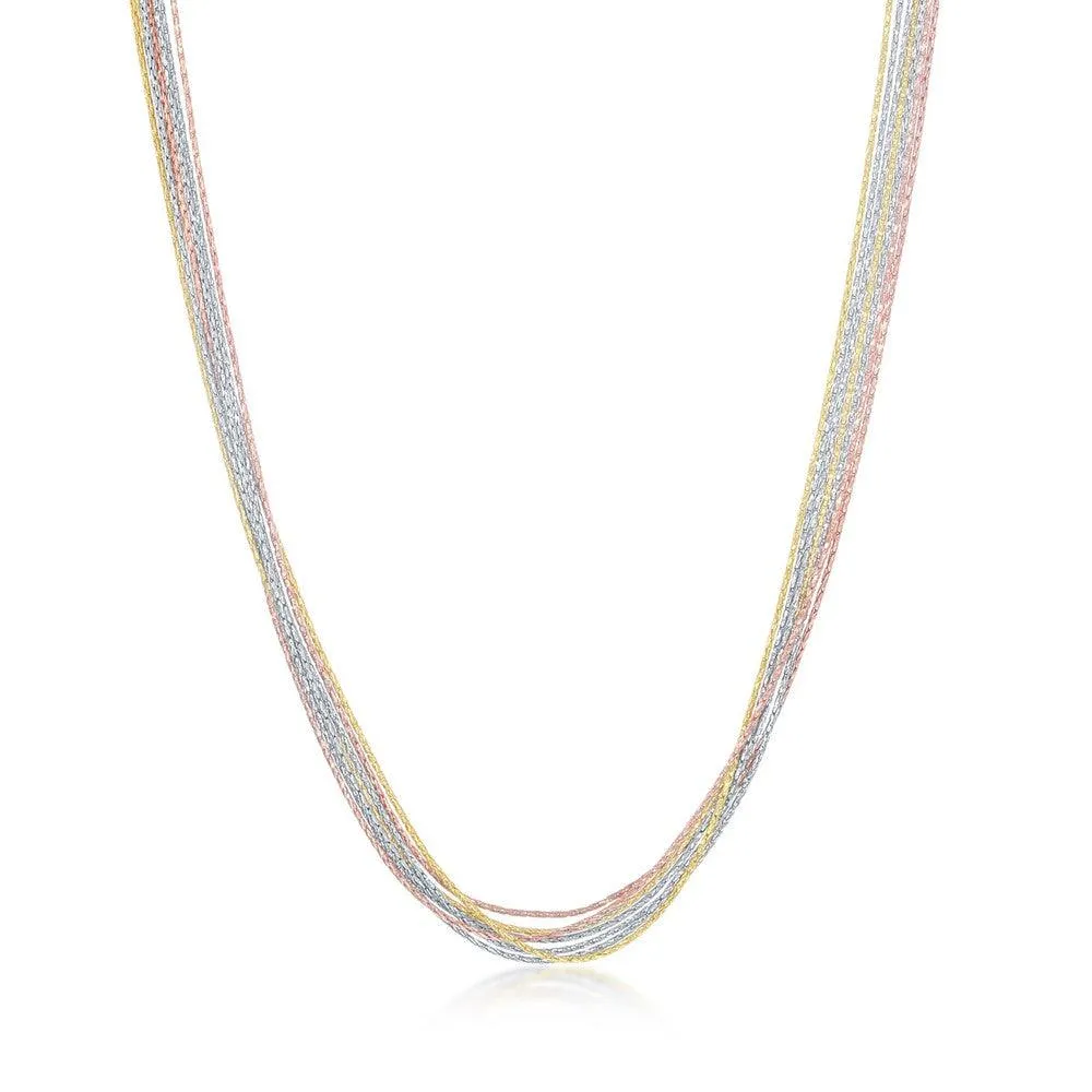 Sterling Silver 7 Strand Sparkling Necklace - Tri Color