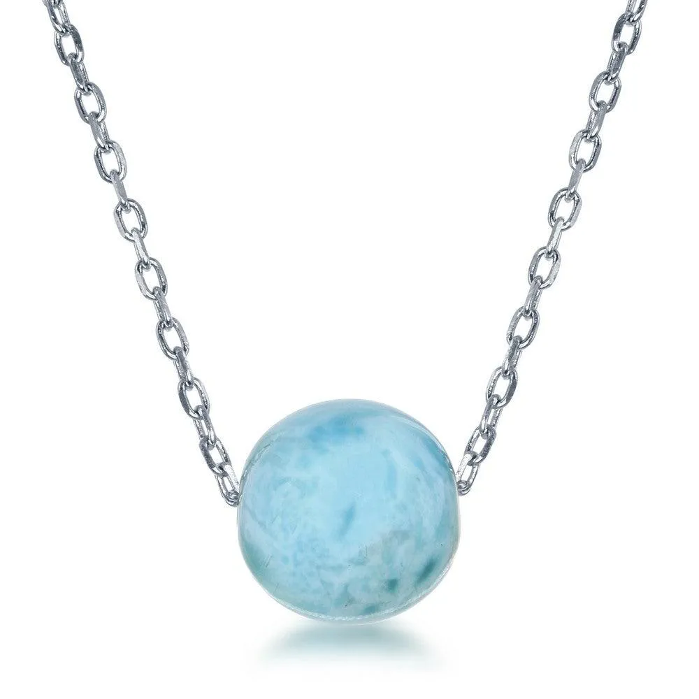 Sterling Silver 8mm Larimar Bead Necklace