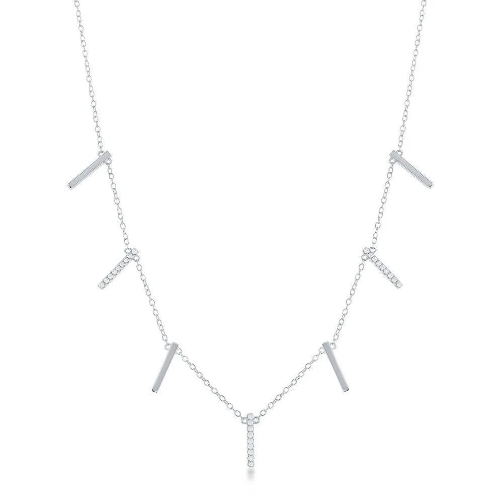 Sterling Silver Alternating Plain & CZ Vertical Bars Necklace