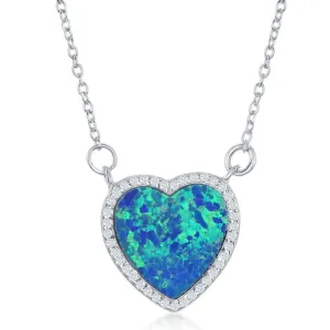 Sterling Silver Blue Inlay Opal Heart with CZ Border Necklace