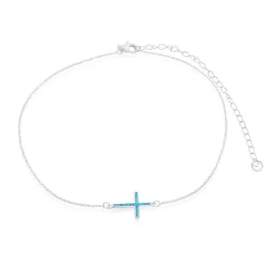 Sterling Silver Blue Inlay Opal Sideways Cross Choker Necklace