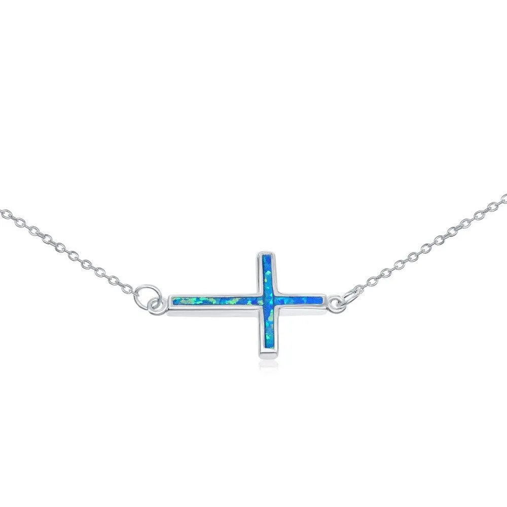 Sterling Silver Blue Inlay Opal Sideways Cross Choker Necklace