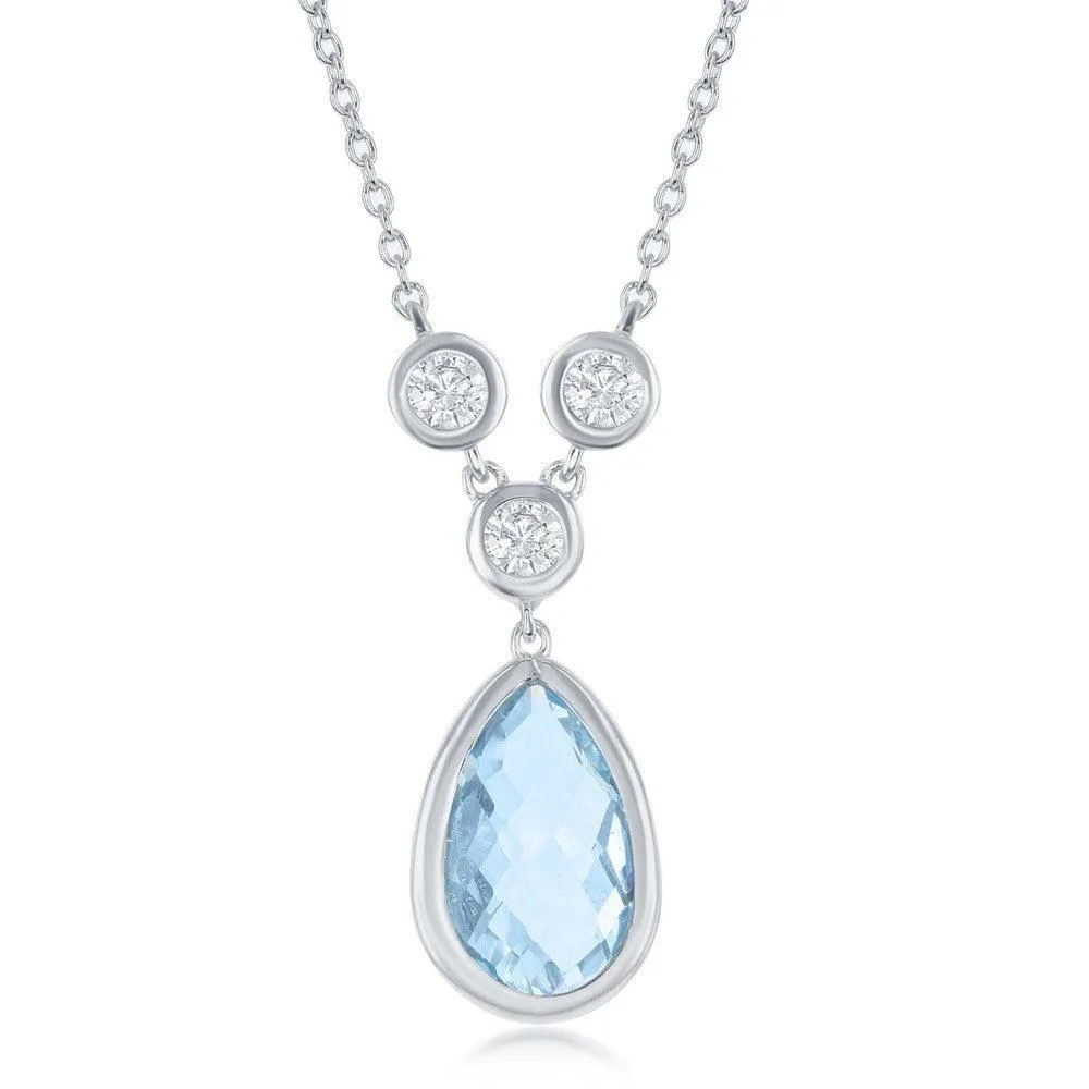 Sterling Silver Blue Topaz Teardrop with 3 White Topaz Necklace