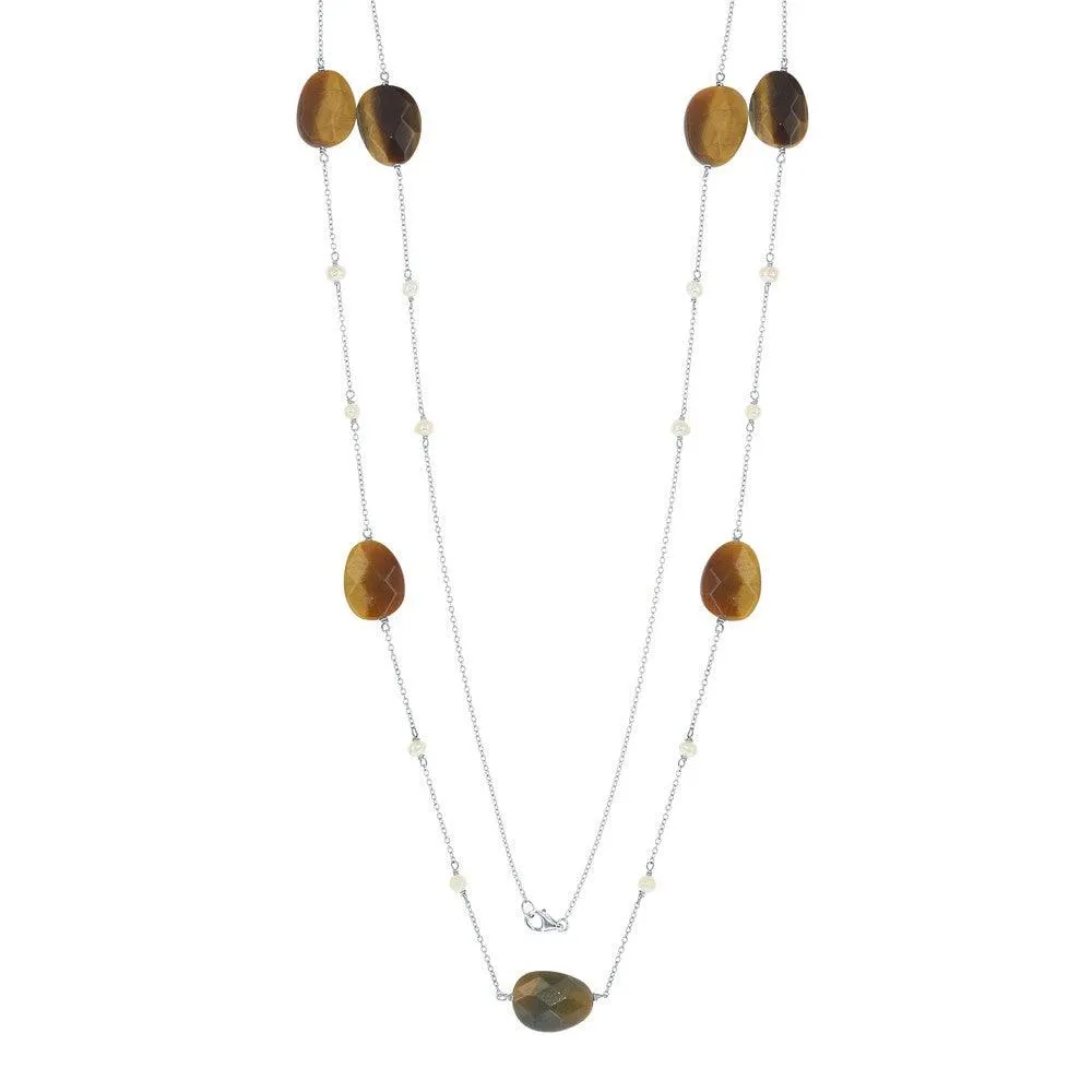 Sterling Silver Brown Tiger Eye with Round FWP Necklace