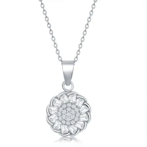 Sterling Silver Center and Baguette CZ Border Flower Necklace