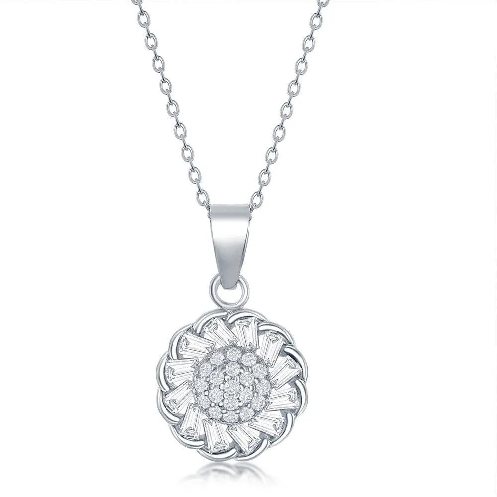 Sterling Silver Center and Baguette CZ Border Flower Necklace