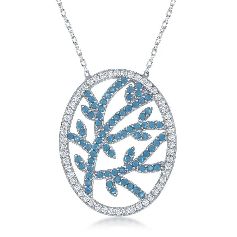 Sterling Silver Center Torqouise Branch Design with CZ Border Necklace