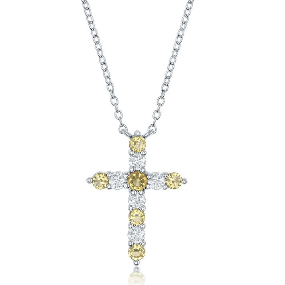 Sterling Silver Citrine CZ November Birthstone Cross Necklace