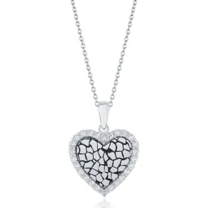 Sterling Silver CZ Border Heart with Cobblestone Design Necklace