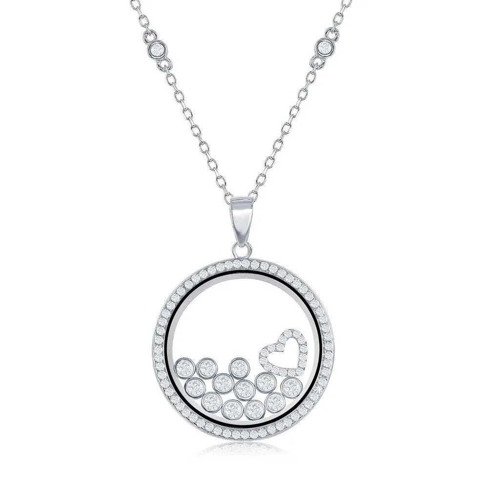 Sterling Silver CZ Floating Heart & Round CZ's in a Disc Necklace