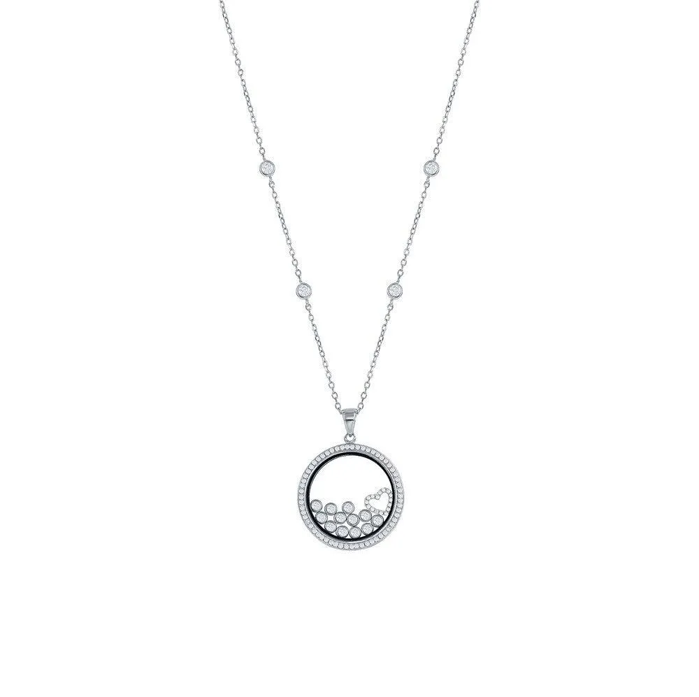 Sterling Silver CZ Floating Heart & Round CZ's in a Disc Necklace