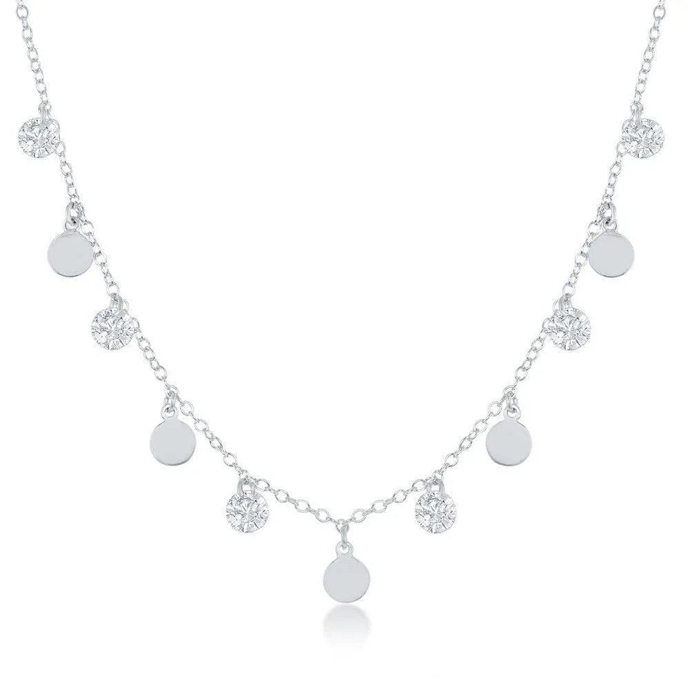 Sterling Silver Dangling Cubic Zirconia's and Discs Necklace