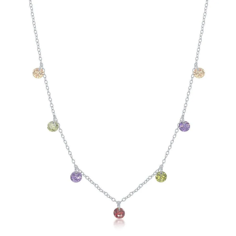 Sterling Silver Dangling Rainbow Cubic Zirconia Necklace
