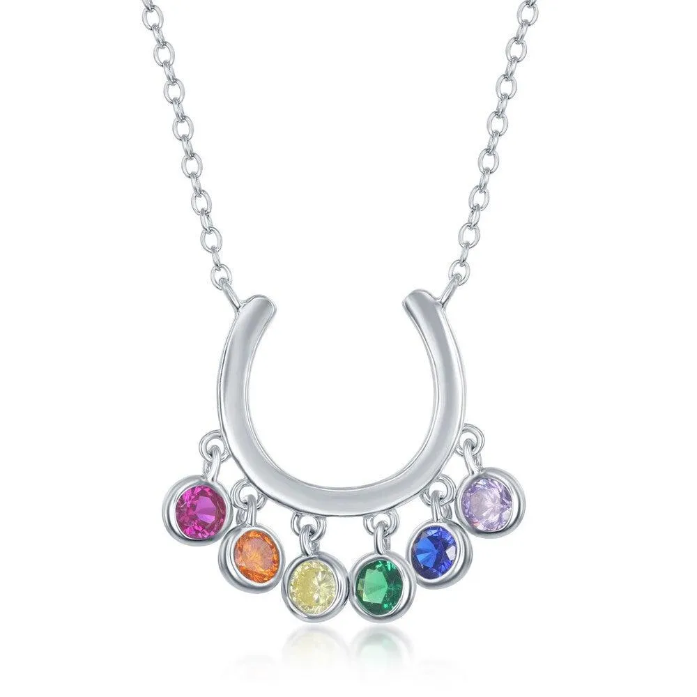 Sterling Silver Dangling Rainbow CZ Horseshoe Necklace