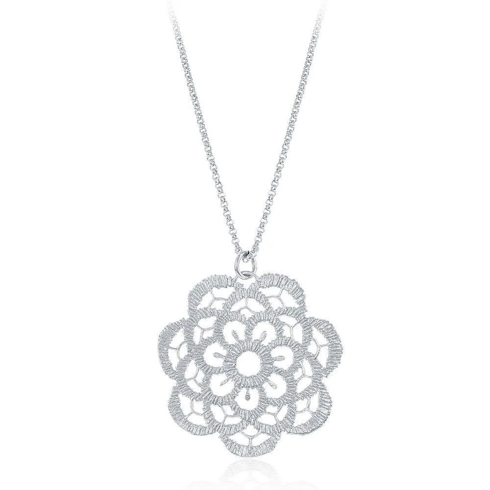 Sterling Silver Diamond Cut Flat Flower Necklace