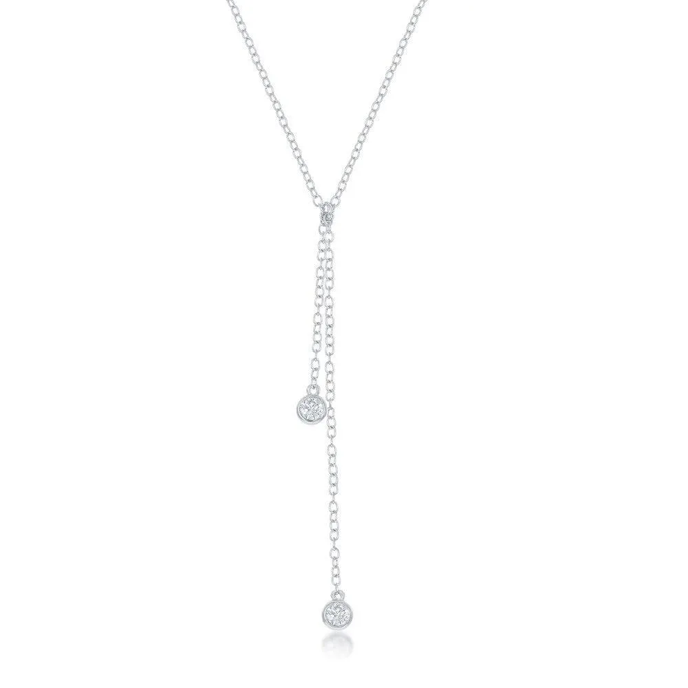 Sterling Silver Double Bezel-Set CZ Dangling Lariat Necklace