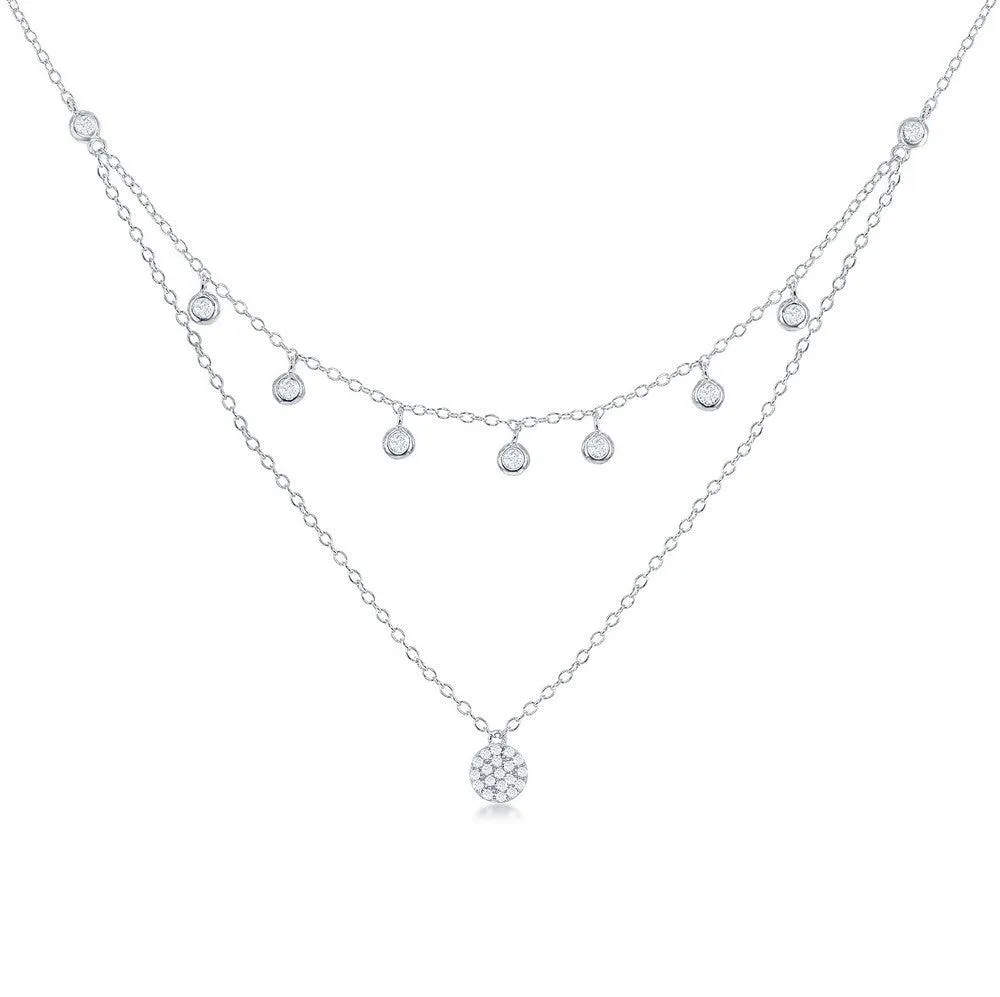 Sterling Silver Double Strand CZ with Micro Pave Disc Necklace