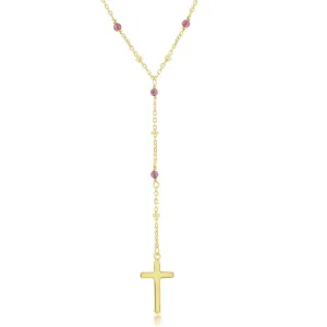 Sterling Silver Garnet & Plain Beads by the Yard Cross Rosary Necklace -Gold Plated
