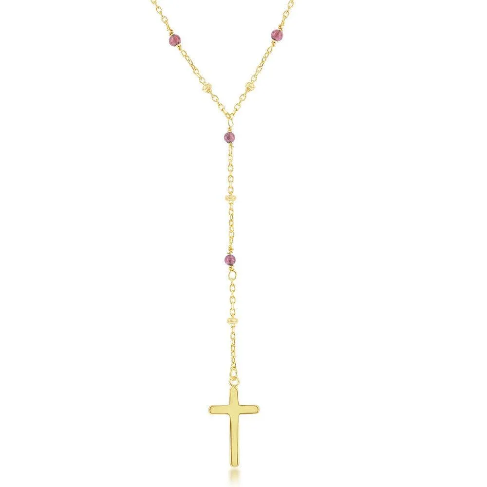 Sterling Silver Garnet & Plain Beads by the Yard Cross Rosary Necklace -Gold Plated