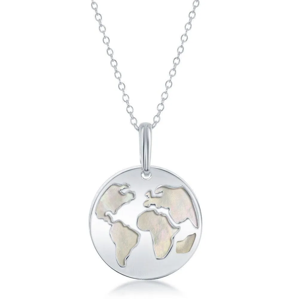Sterling Silver Globe Cut-Out with MOP Disc Necklace